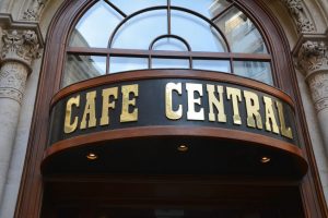 entrance of the cafe central, the old traditional cafeteria that was a meeting place of famous viennese people