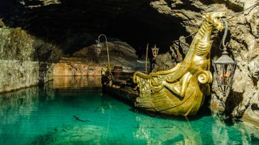 golden boat in an underground lake, taken in lower austria