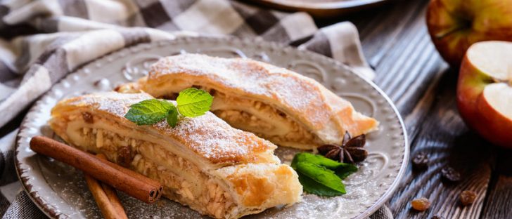 traditional puff pastry strudel with apple and raisins filling